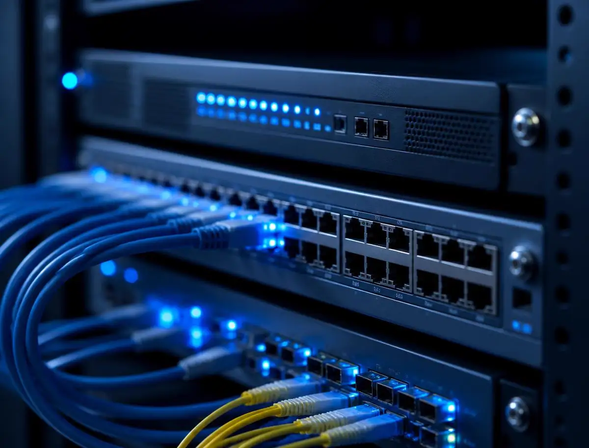Switch e roteador corporativos instalados em rack com cabos de rede conectados
